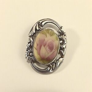 Vintage Jezlaine Sterling Silver Brooch Pin Hand Painted Porcelain Rose Flower